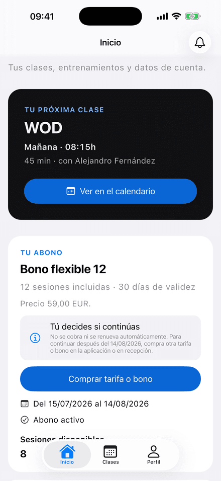 Tarifa o bono del socio con sus sesiones y vigencia en PRIMERA REP