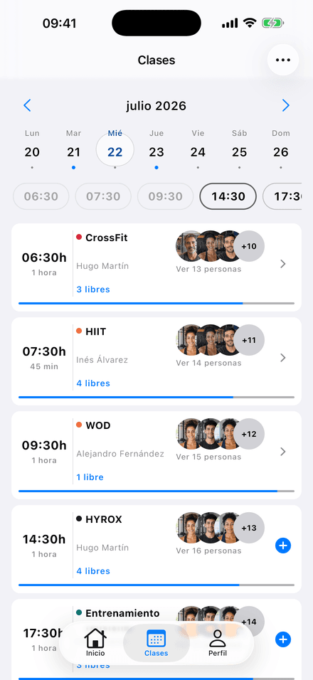 Agenda semanal de clases publicada para el socio en PRIMERA REP