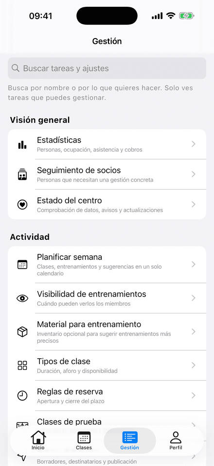 Buscador de tareas y ajustes de gestión de PRIMERA REP