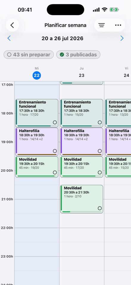 Planificador semanal de PRIMERA REP con clases, horarios, ocupación y listas de espera