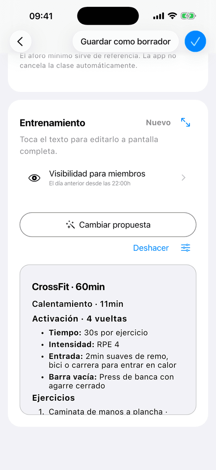 Borrador de entrenamiento editable preparado por el motor de sugerencias de PRIMERA REP